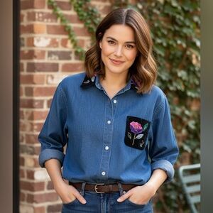 Vintage Susan Bristol Denim Shirt with Black Collar and Floral Embroidery